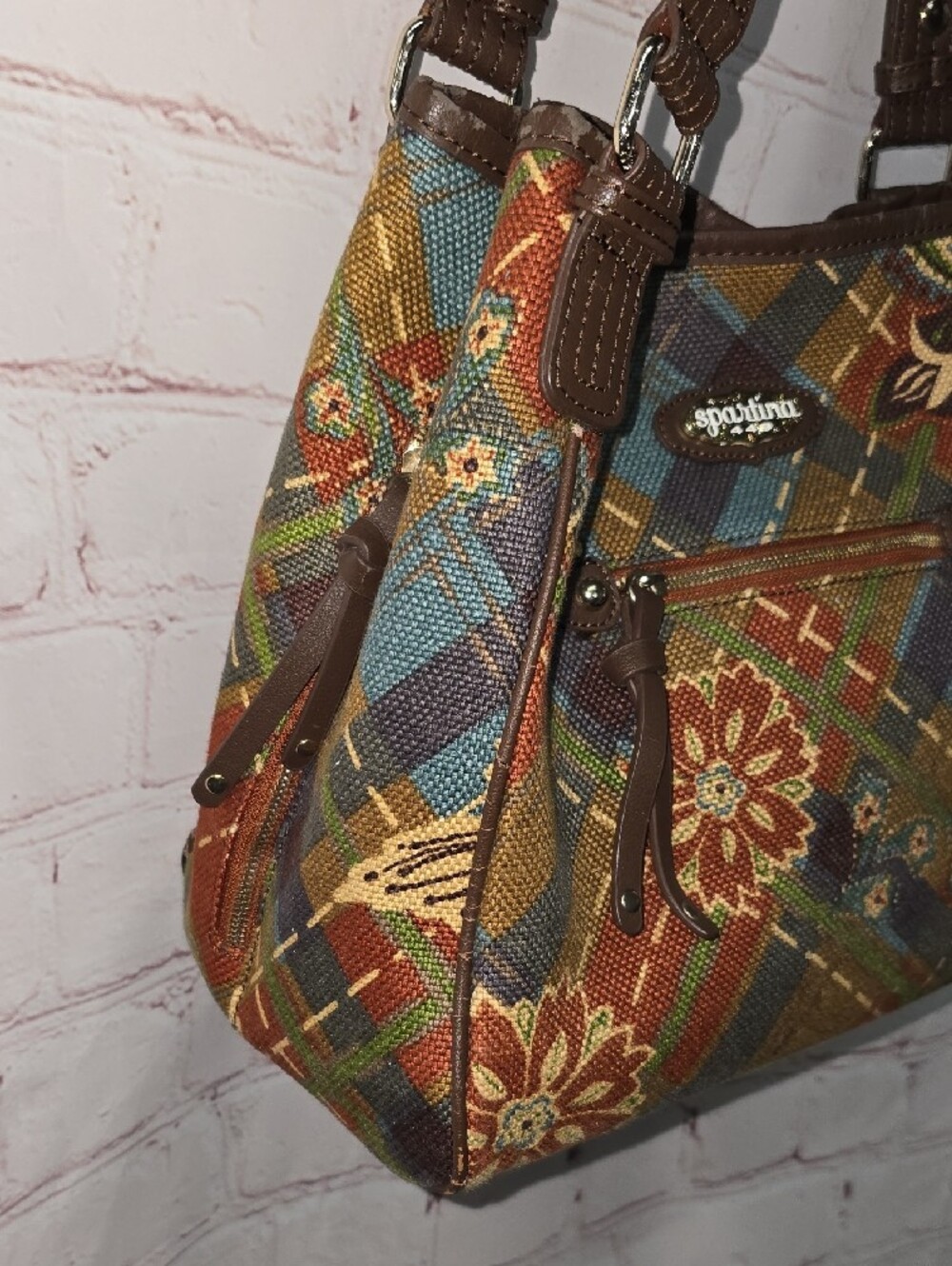 Spartina 449 Plaid Gracie Floral Shoulder Bag in Brown, Green, Blue, Red - Picture 4 of 17